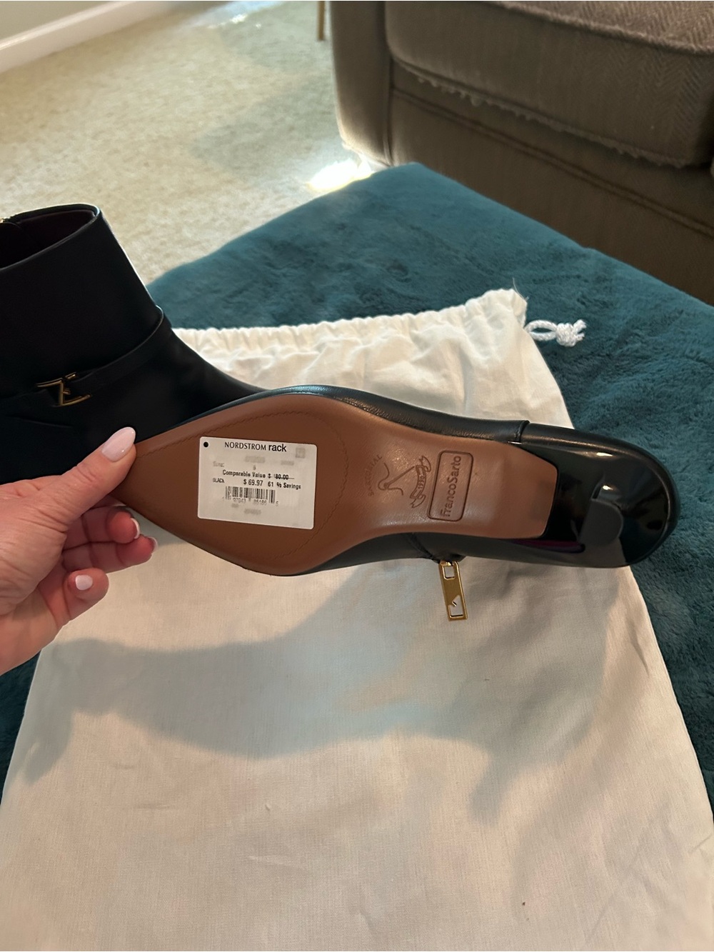 Franco Sarto Black Leather Pointed-Toe Ankle Booties with Gold Z Accent - Picture 6 of 7
